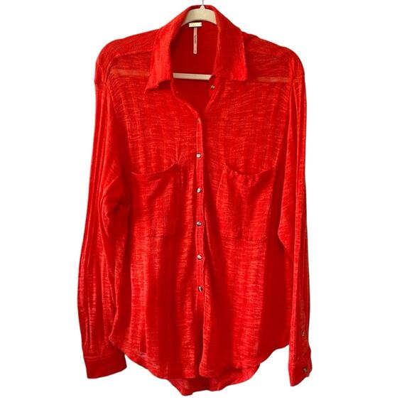 Free People Beach Sheer Button-Down Top | Red Orange | Small - Picture 1 of 7